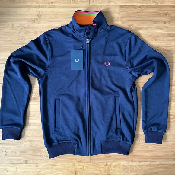 New FRED PERRY Made In Japan Stand Collar Neck Track Jacket S Navy Pink Laurel - Picture 14 of 16